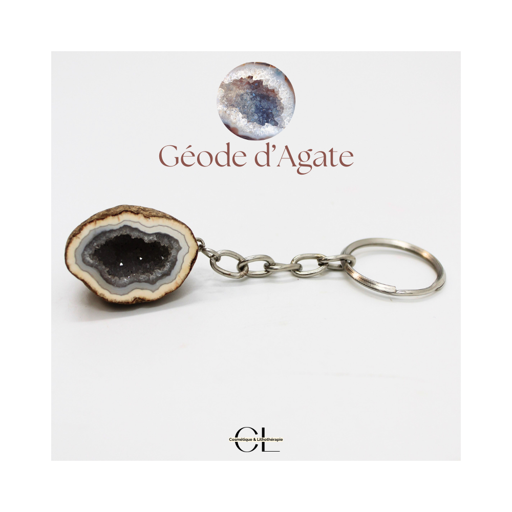 Porte-clefs avec pierre naturelle Géode Agate brute 3cm