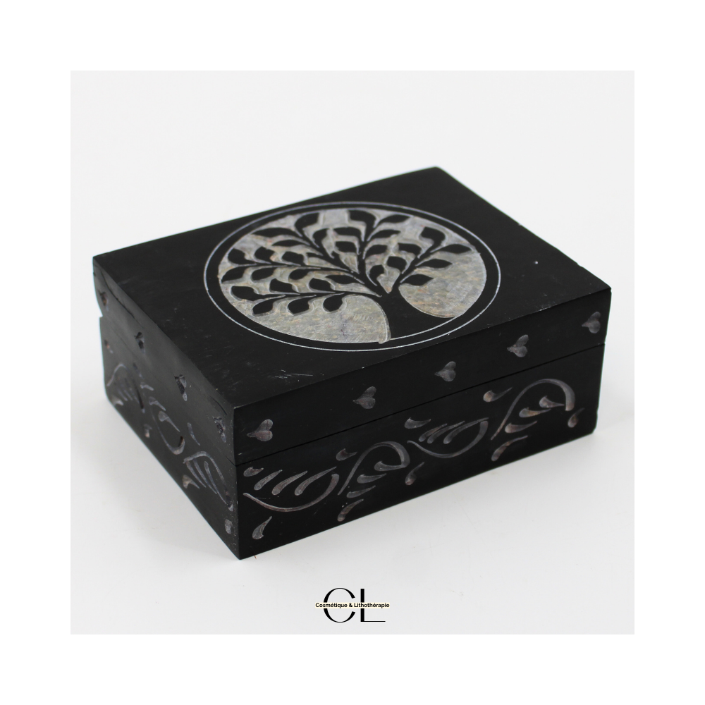 Boîte à bijoux en pierre Saponite rectangle Arbre de Vie 10cm