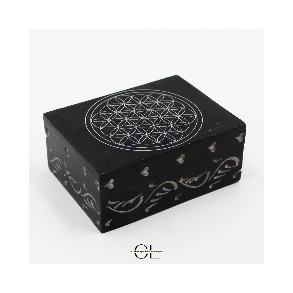 Boîte à bijoux en pierre Saponite rectangle Fleur de Vie 10cm