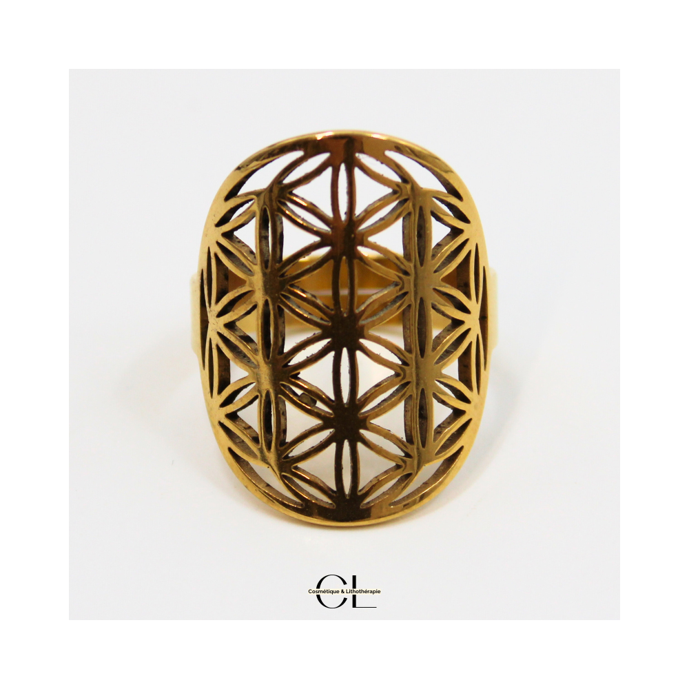 Bague Fleur de vie en acier inoxydable avec plaquage or