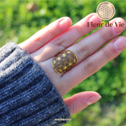 Bague Fleur de vie en acier inoxydable avec plaquage or