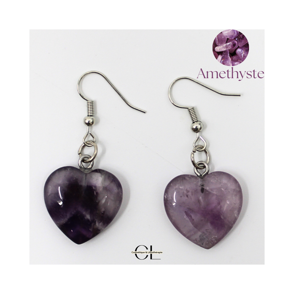 Boucles d'oreilles avec pierre Amethyste AB en forme de coeur 20mm