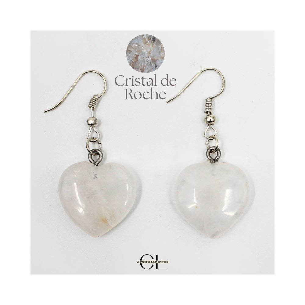 Boucles d'oreilles avec pierre Cristal de Roche AB en forme de coeur 20mm