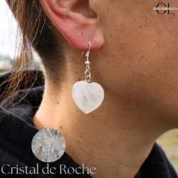 Boucles d'oreilles avec pierre Cristal de Roche AB en forme de coeur 20mm