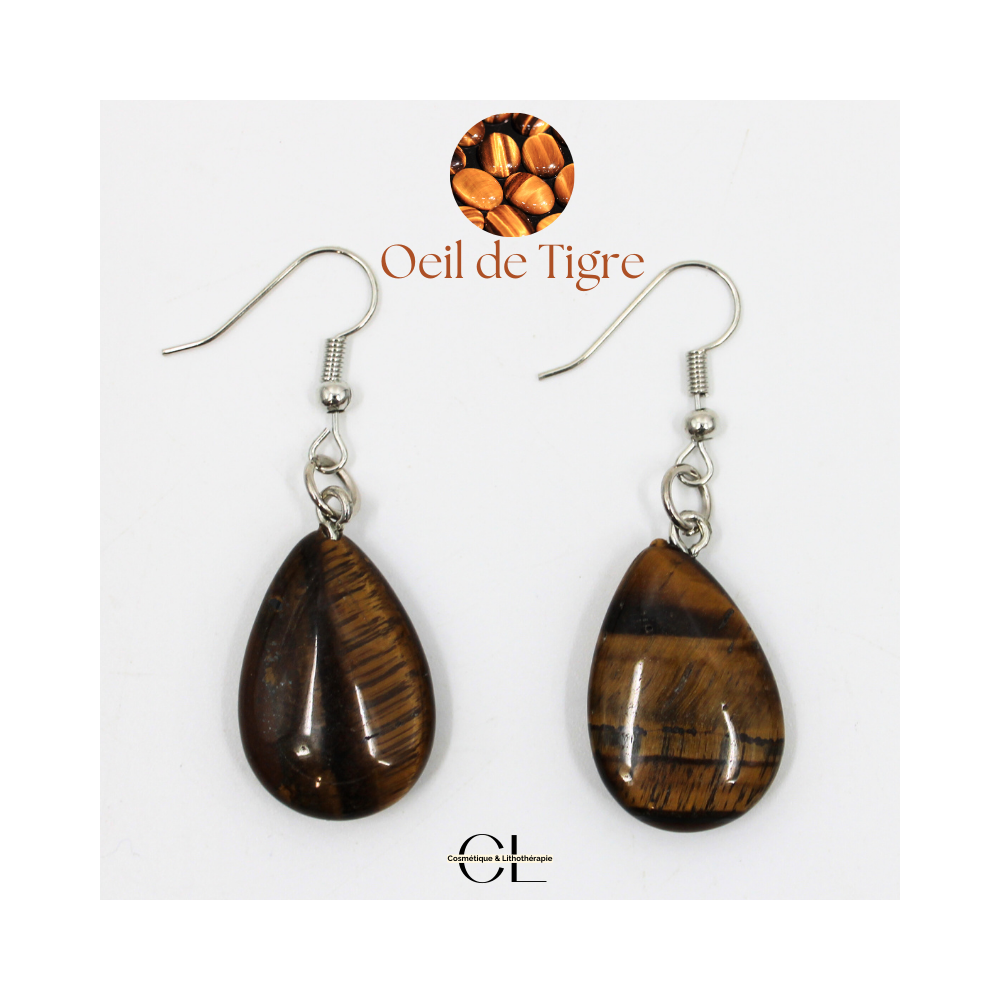 Boucles d'oreilles avec pierre Oeil de Tigre A en forme de goutte 25mm
