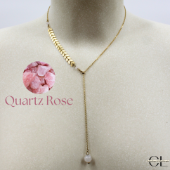 Collier chaine plume doré en forme Y  en acier inoxydable avec pierre Quartz Rose A 8mm