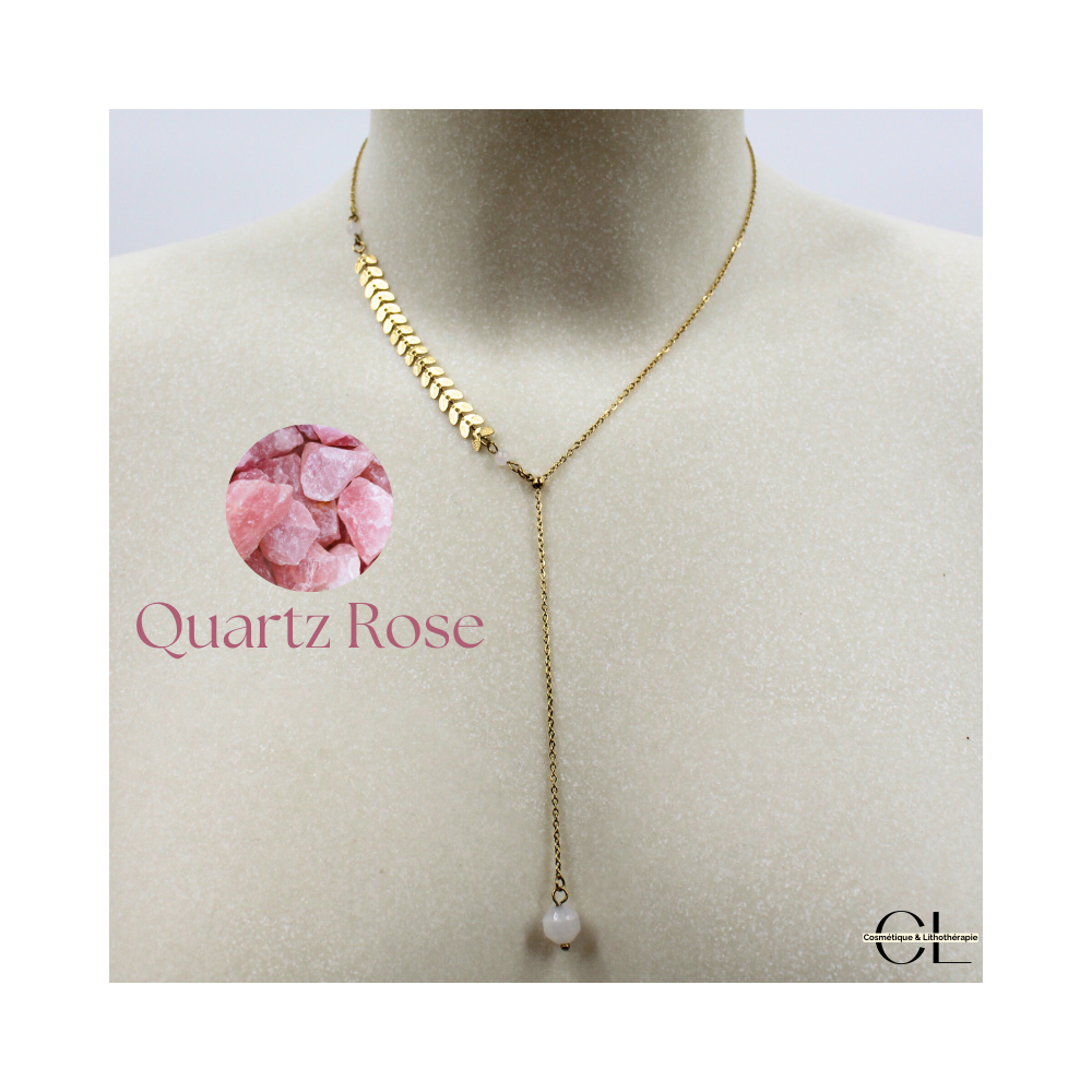 Collier chaine plume doré en forme Y  en acier inoxydable avec pierre Quartz Rose A 8mm