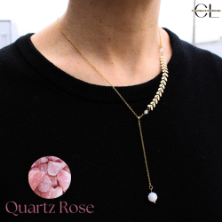 Collier chaine plume doré en forme Y  en acier inoxydable avec pierre Quartz Rose A 8mm