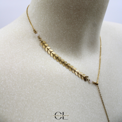 Collier chaine plume doré en forme Y  en acier inoxydable avec pierre Quartz Rose A 8mm