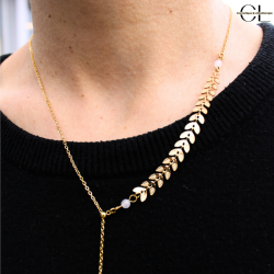 Collier chaine plume doré en forme Y  en acier inoxydable avec pierre Quartz Rose A 8mm
