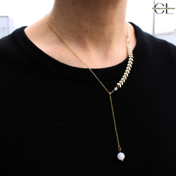 Collier chaine plume doré en forme Y  en acier inoxydable avec pierre Quartz Rose A 8mm