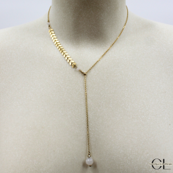 Collier chaine plume doré en forme Y  en acier inoxydable avec pierre Quartz Rose A 8mm
