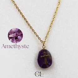 Collier chaine en acier inoxydable doré  avec pierre Améthyste A et Croix