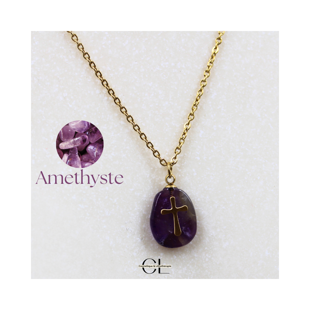 Collier chaine en acier inoxydable doré  avec pierre Améthyste A et Croix