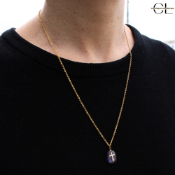 Collier chaine en acier inoxydable doré  avec pierre Améthyste A et Croix