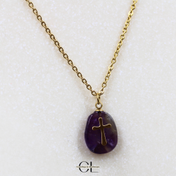 Collier chaine en acier inoxydable doré  avec pierre Améthyste A et Croix