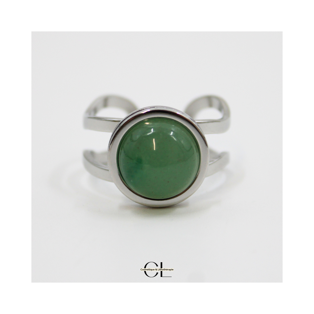 Bague en acier inoxydable argentée avec pierre Aventurine Verte A