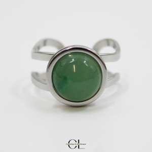 Bague en acier inoxydable argentée avec pierre Aventurine Verte A
