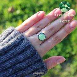 Bague en acier inoxydable argentée avec pierre Aventurine Verte A