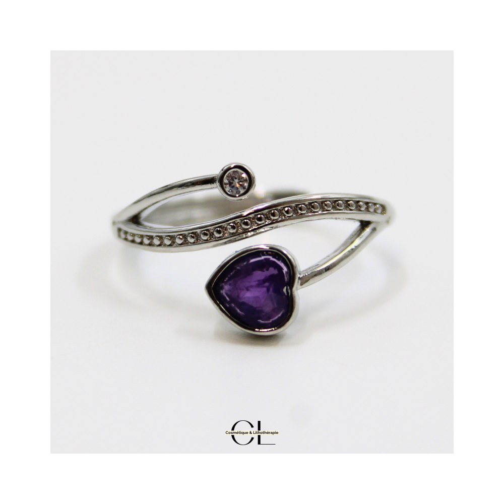 Bague en cuivre blanc ajustable facetté Amethyste AA en forme de cœur