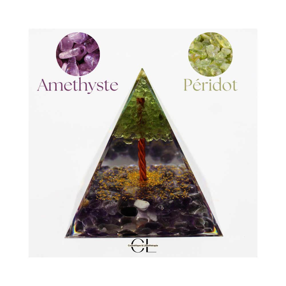 Orgonite pyramide Amethyste et Péridot Arbre de Vie