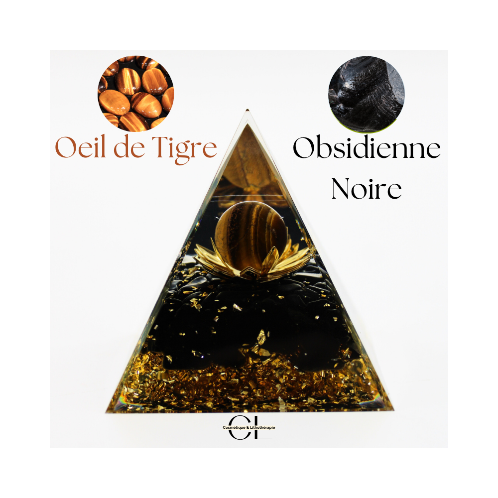 Orgonite pyramide Oeil de Tigre et Obsidienne Noire Lotus