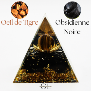 Orgonite pyramide Oeil de Tigre et Obsidienne Noire Lotus