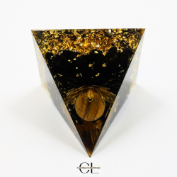 Orgonite pyramide Oeil de Tigre et Obsidienne Noire Lotus
