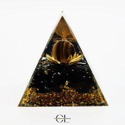 Orgonite pyramide Oeil de Tigre et Obsidienne Noire Lotus