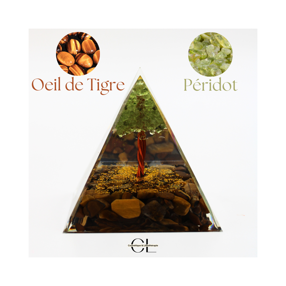 Orgonite pyramide Oeil de Tigre  Péridot Arbre de Vie