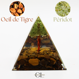 Orgonite pyramide Oeil de Tigre  Péridot Arbre de Vie