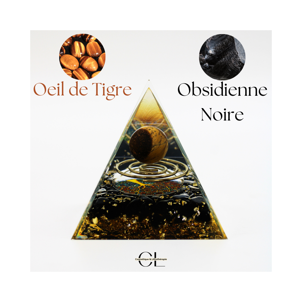 Orgonite pyramide Oeil de Tigre et Obsidienne Noire Arbre de Vie  Spirale