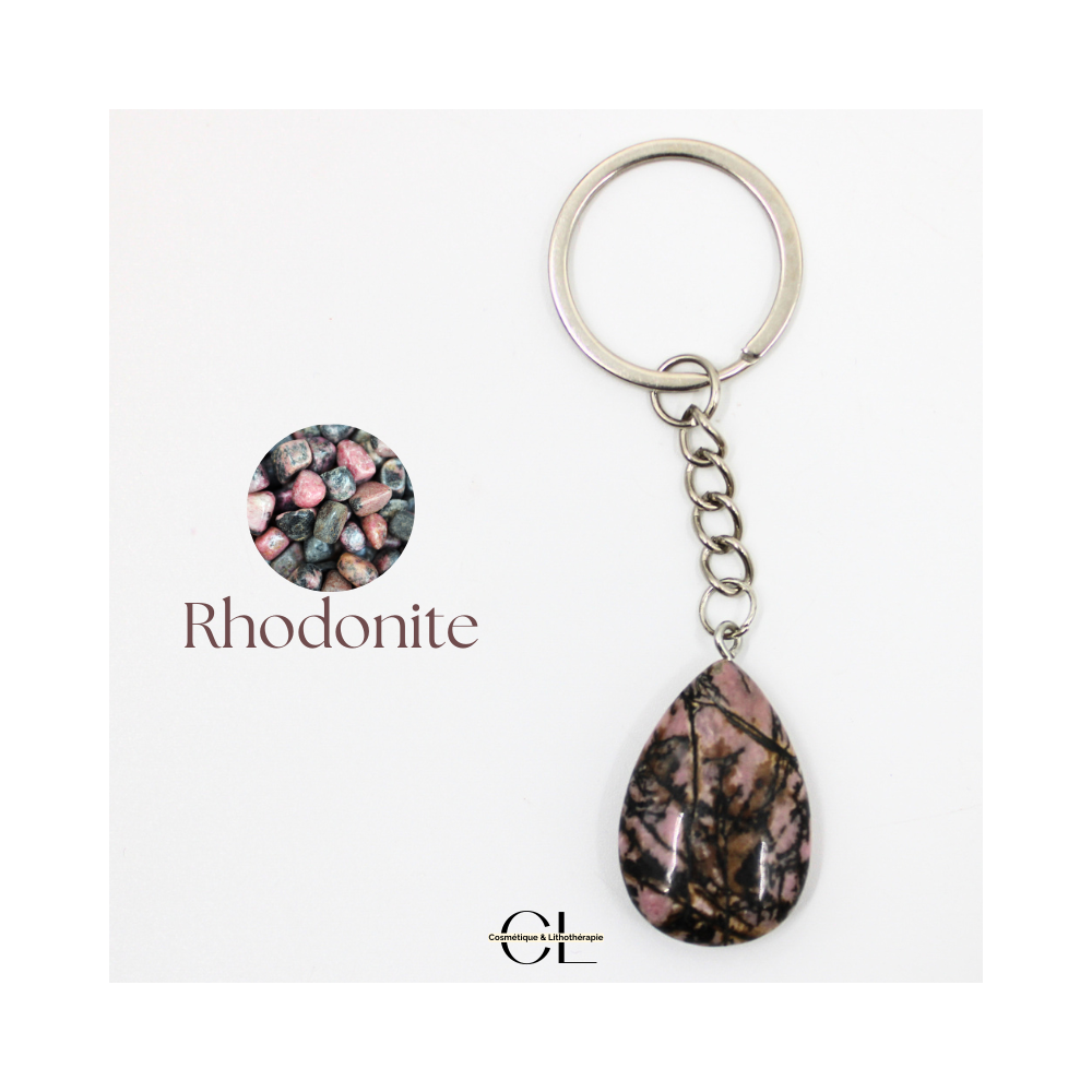 Porte-clefs avec pierre naturelle Rhodonite A 30mm en forme de goutte