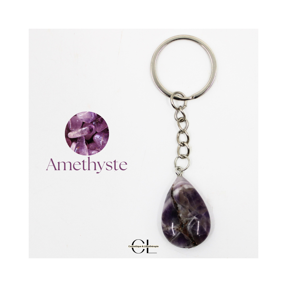 Porte-clefs avec pierre naturelle Amethyste AB 30mm en forme de goutte