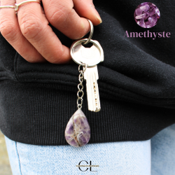 Porte-clefs avec pierre naturelle Amethyste AB 30mm en forme de goutte