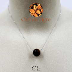 Collier en argent 925 avec pierre Oeil de Tigre AA boule 12mm