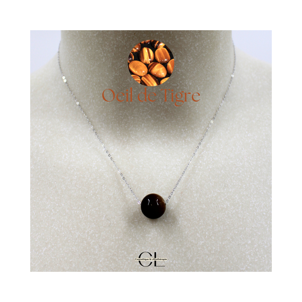 Collier en argent 925 avec pierre Oeil de Tigre AA boule 12mm