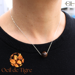Collier en argent 925 avec pierre Oeil de Tigre AA boule 12mm