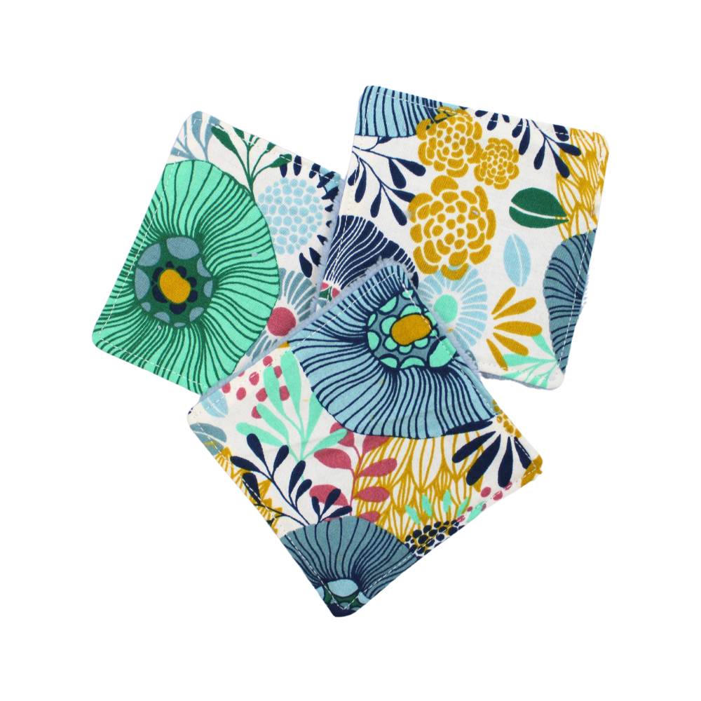 Lot de 3 cotons lavables bleus assortis motif floral